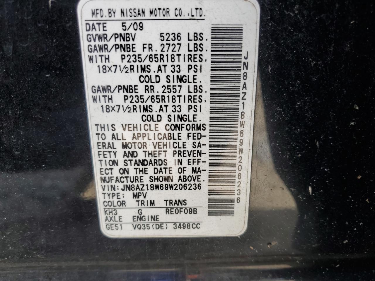 JN8AZ18W69W206236 2009 Nissan Murano S