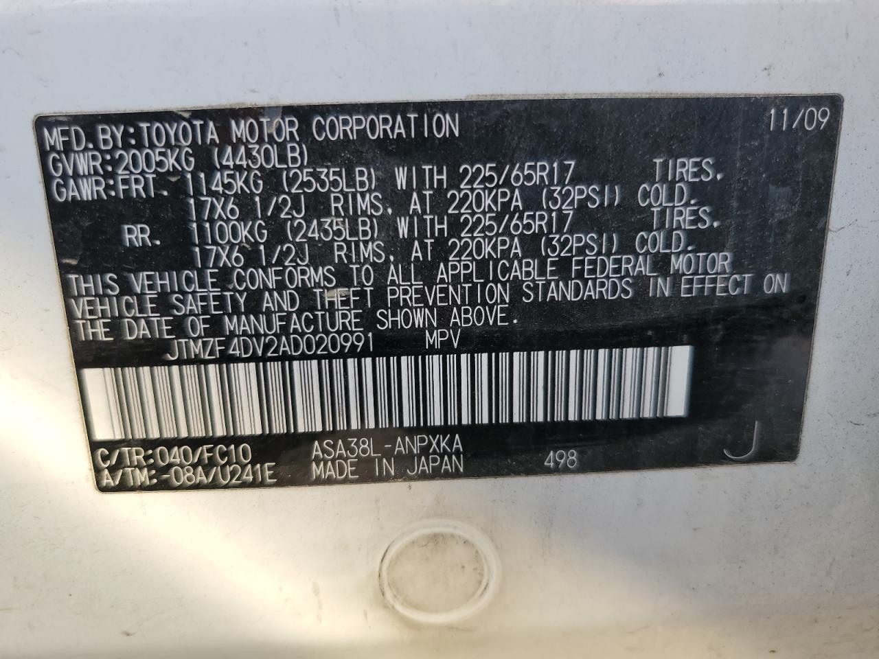 JTMZF4DV2AD020991 2010 Toyota Rav4