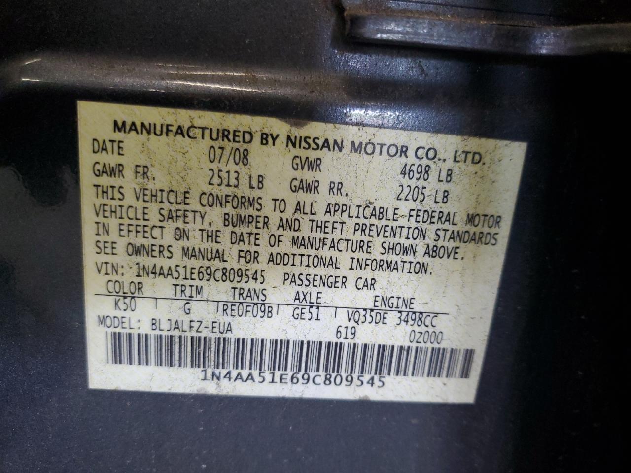 1N4AA51E69C809545 2009 Nissan Maxima S