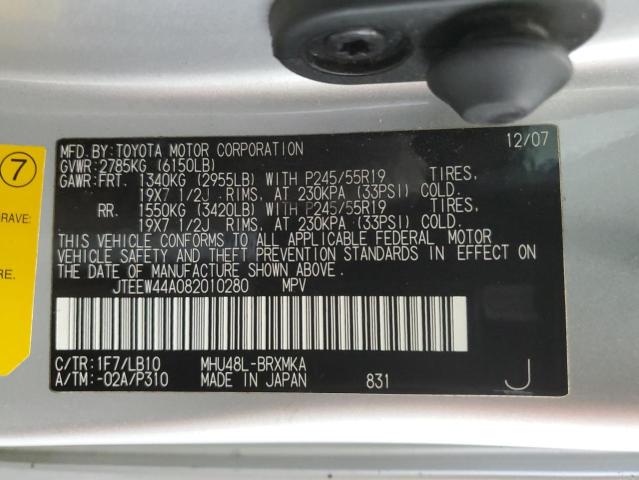 2008 Toyota Highlander Hybrid Limited VIN: JTEEW44A082010280 Lot: 62368484