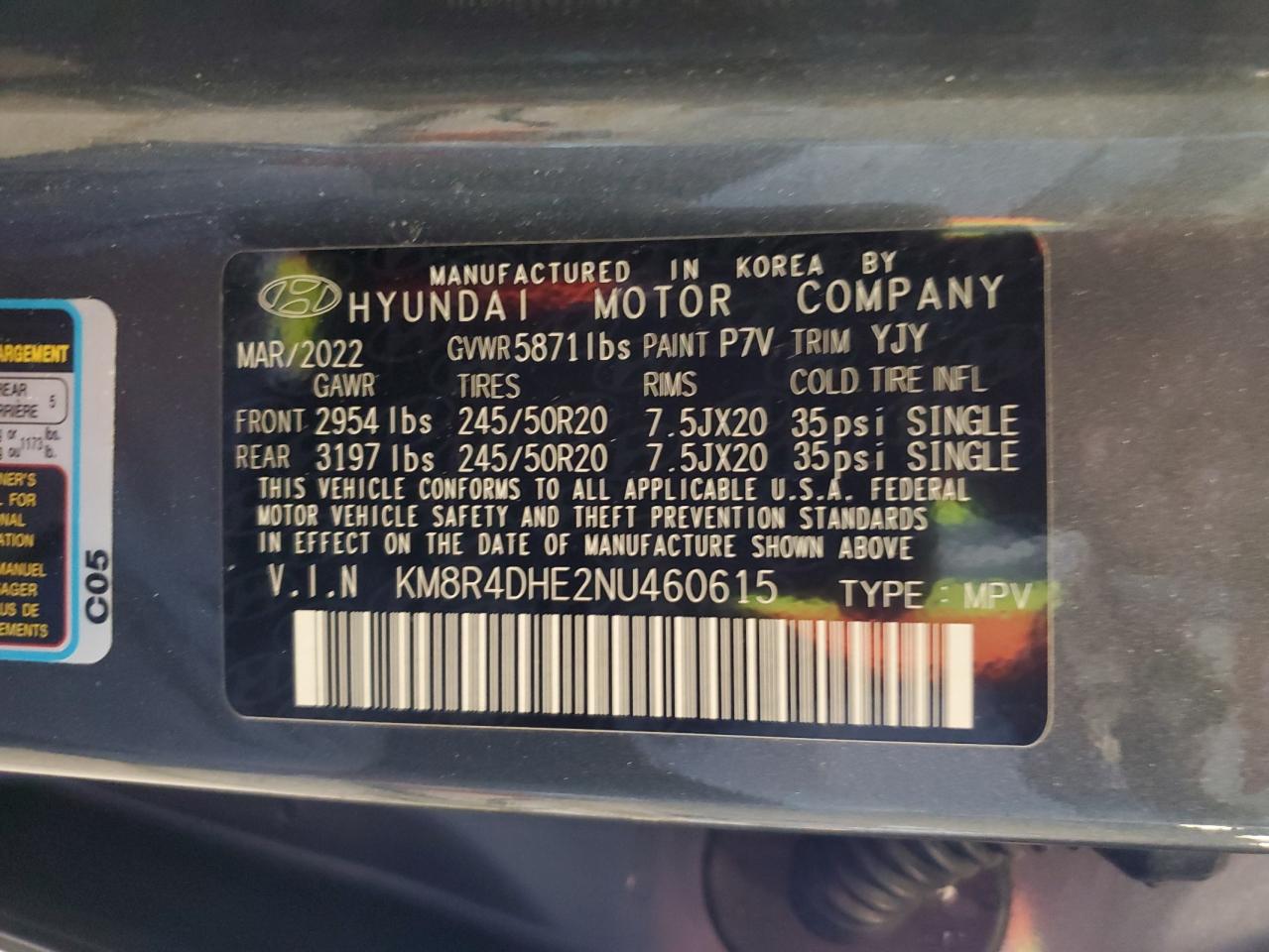 KM8R4DHE2NU460615 2022 Hyundai Palisade Sel