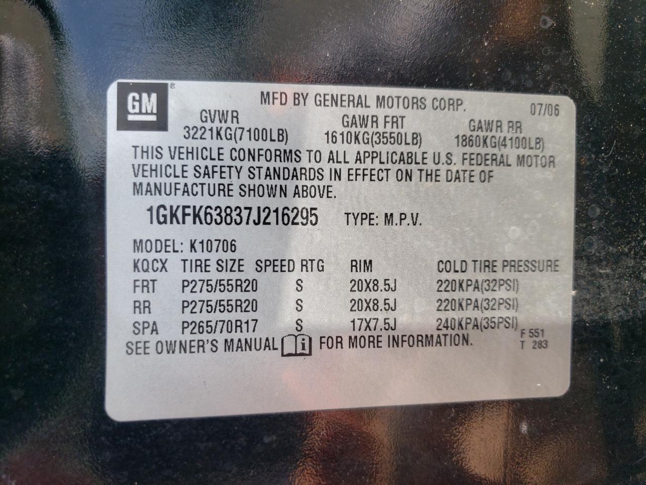 1GKFK63837J216295 2007 GMC Yukon Denali