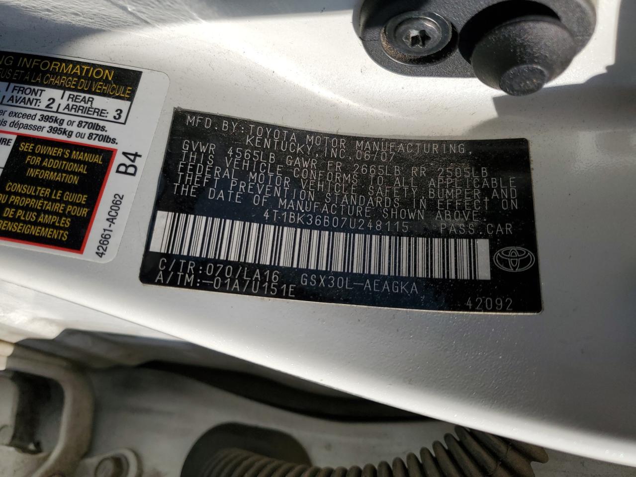 4T1BK36B07U248115 2007 Toyota Avalon Xl