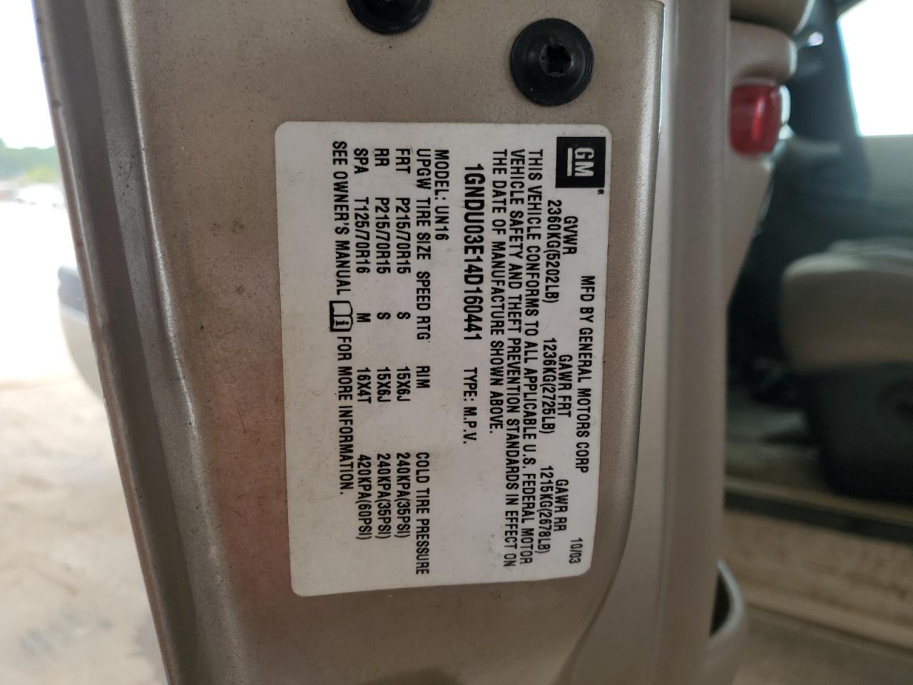 1GNDU03E14D160441 2004 Chevrolet Venture