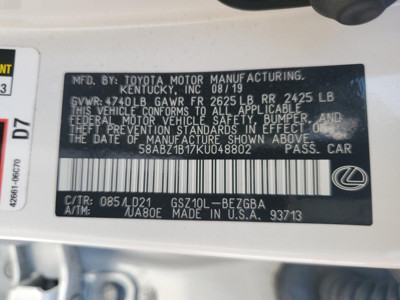 58ABZ1B17KU048802 2019 Lexus Es 350