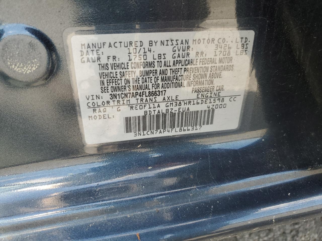 3N1CN7AP4FL866317 2015 Nissan Versa S