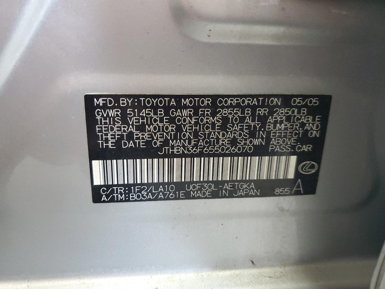 JTHBN36F655026070 2005 Lexus Ls 430