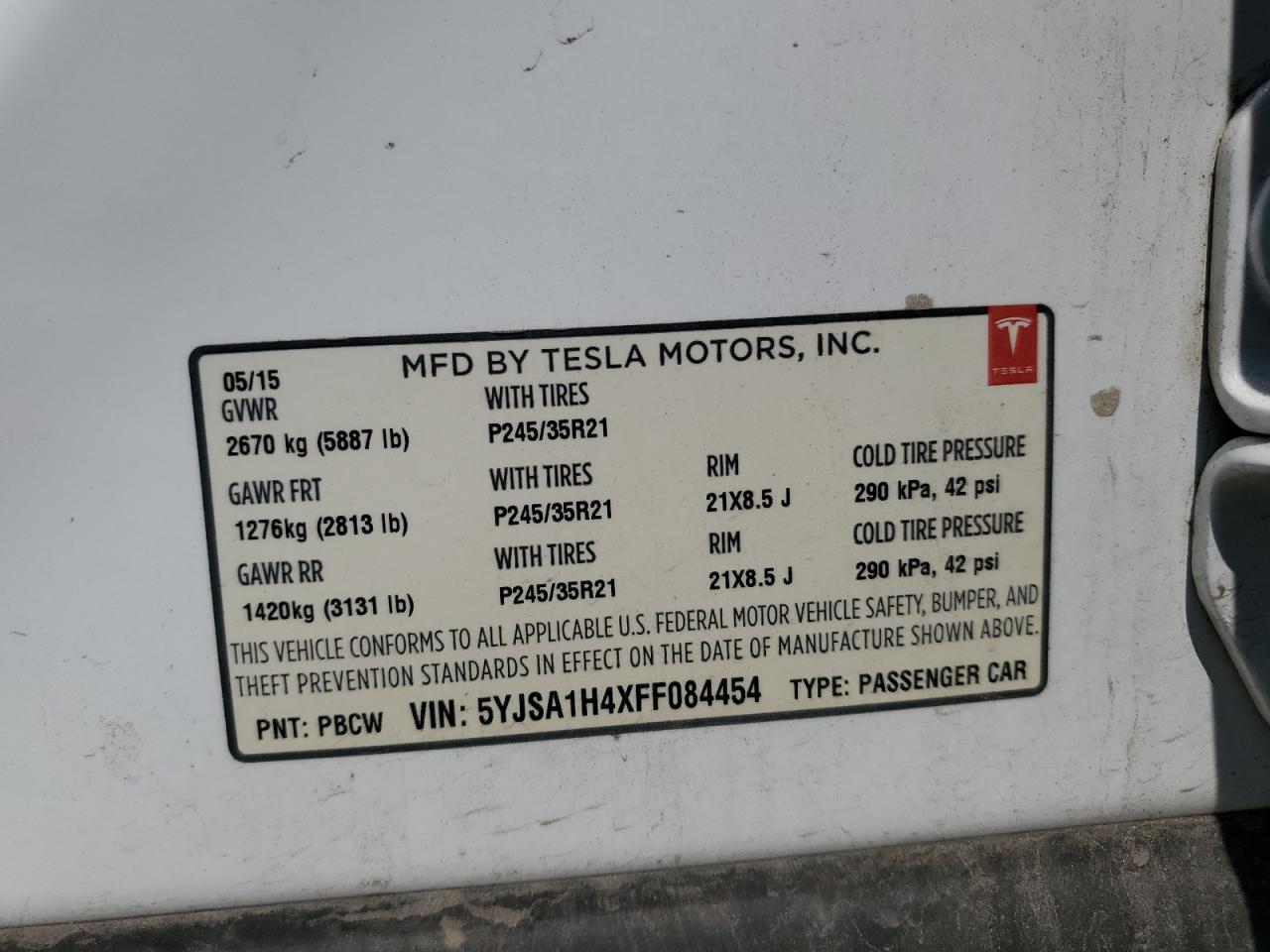 2015 Tesla Model S P85D vin: 5YJSA1H4XFF084454