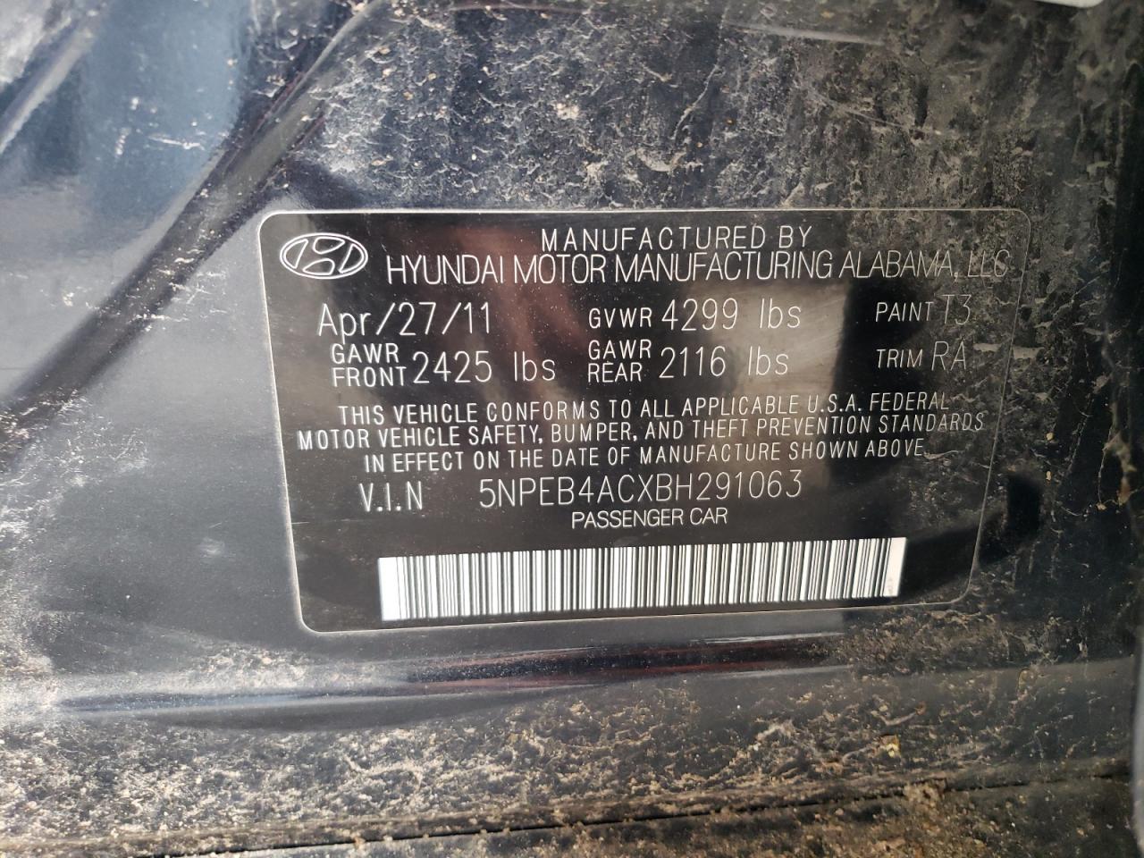 5NPEB4ACXBH291063 2011 Hyundai Sonata Gls