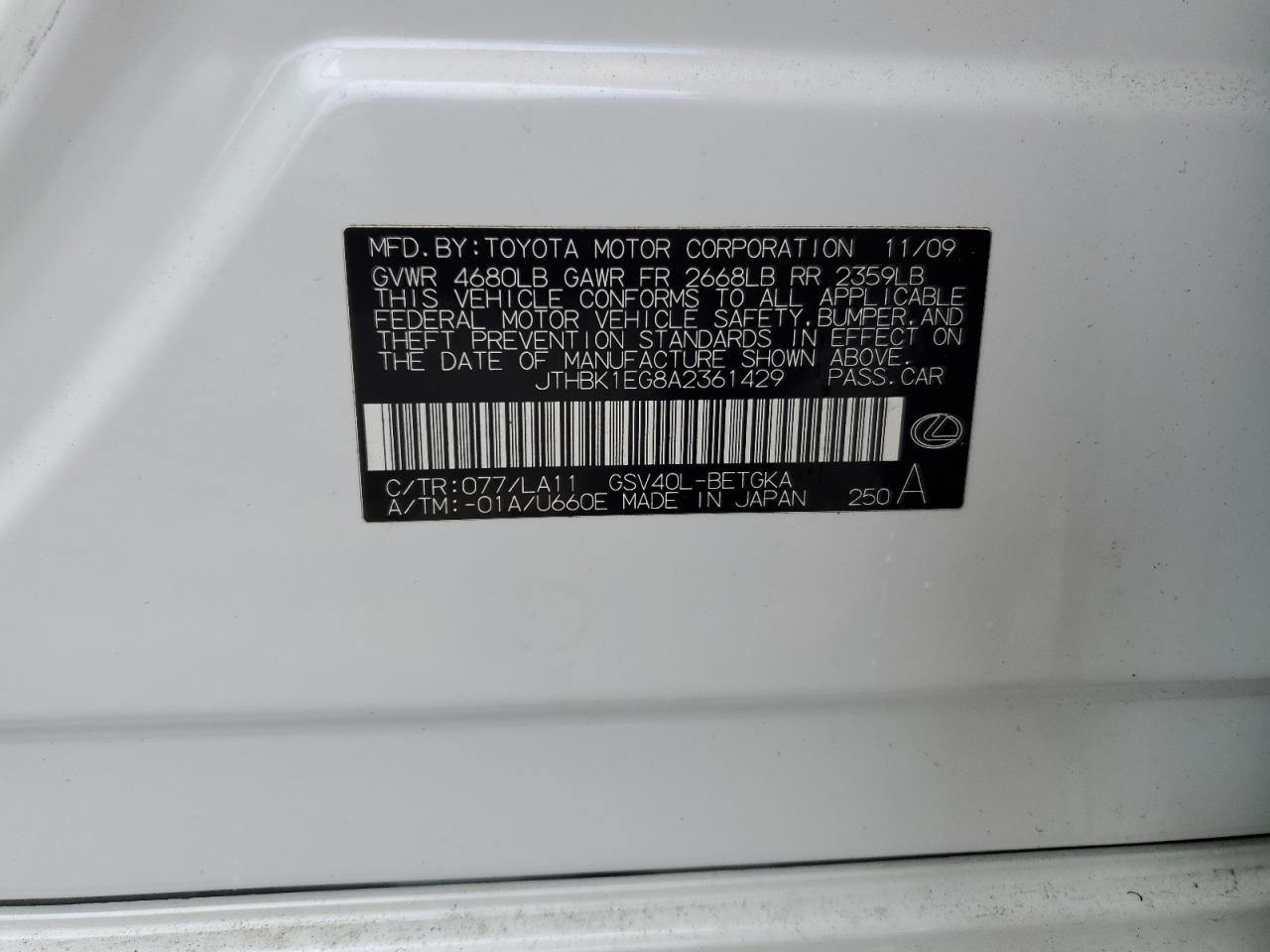 JTHBK1EG8A2361429 2010 Lexus Es 350