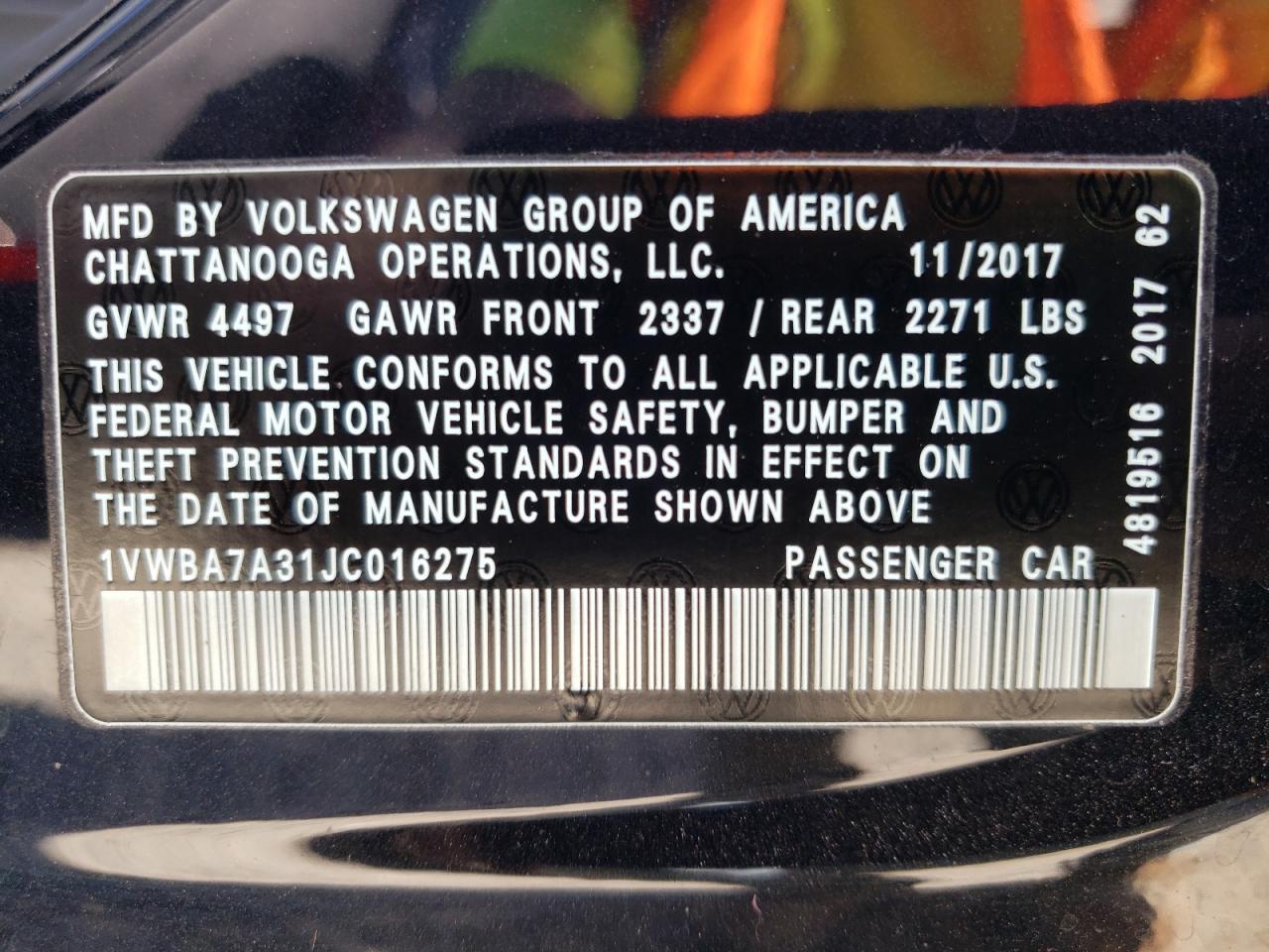 1VWBA7A31JC016275 2018 Volkswagen Passat Se