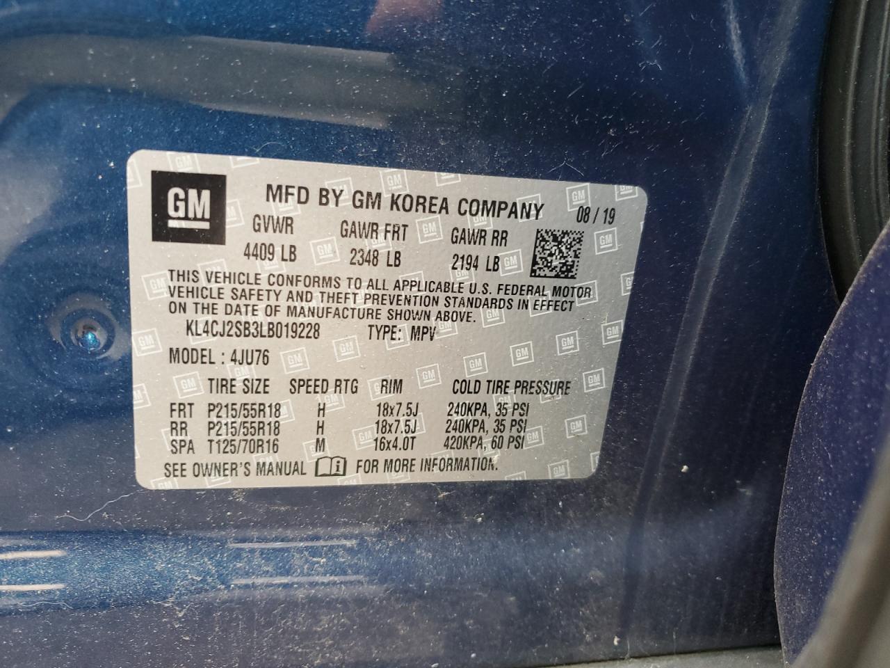 KL4CJ2SB3LB019228 2020 Buick Encore Sport Touring