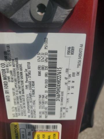 2017 Ford Fusion Se VIN: 3FA6P0HDXHR227615 Lot: 63019894