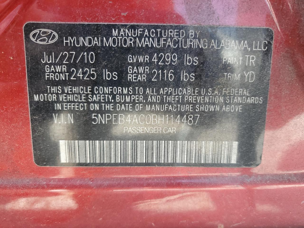 5NPEB4AC0BH114487 2011 Hyundai Sonata Gls