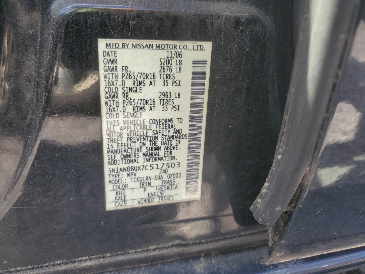 5N1AN08UX7C517503 2007 Nissan Xterra Off Road