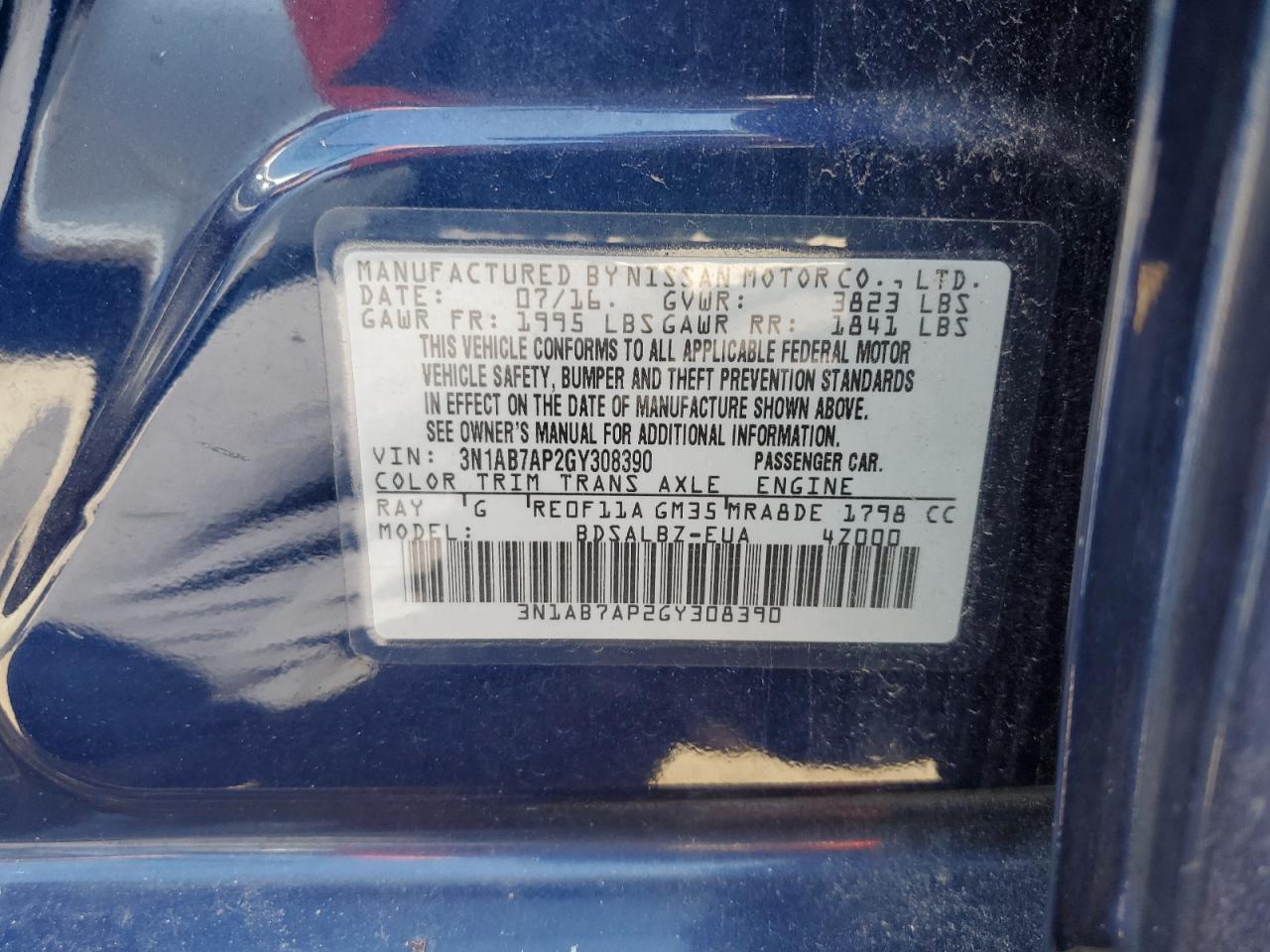 3N1AB7AP2GY308390 2016 Nissan Sentra S