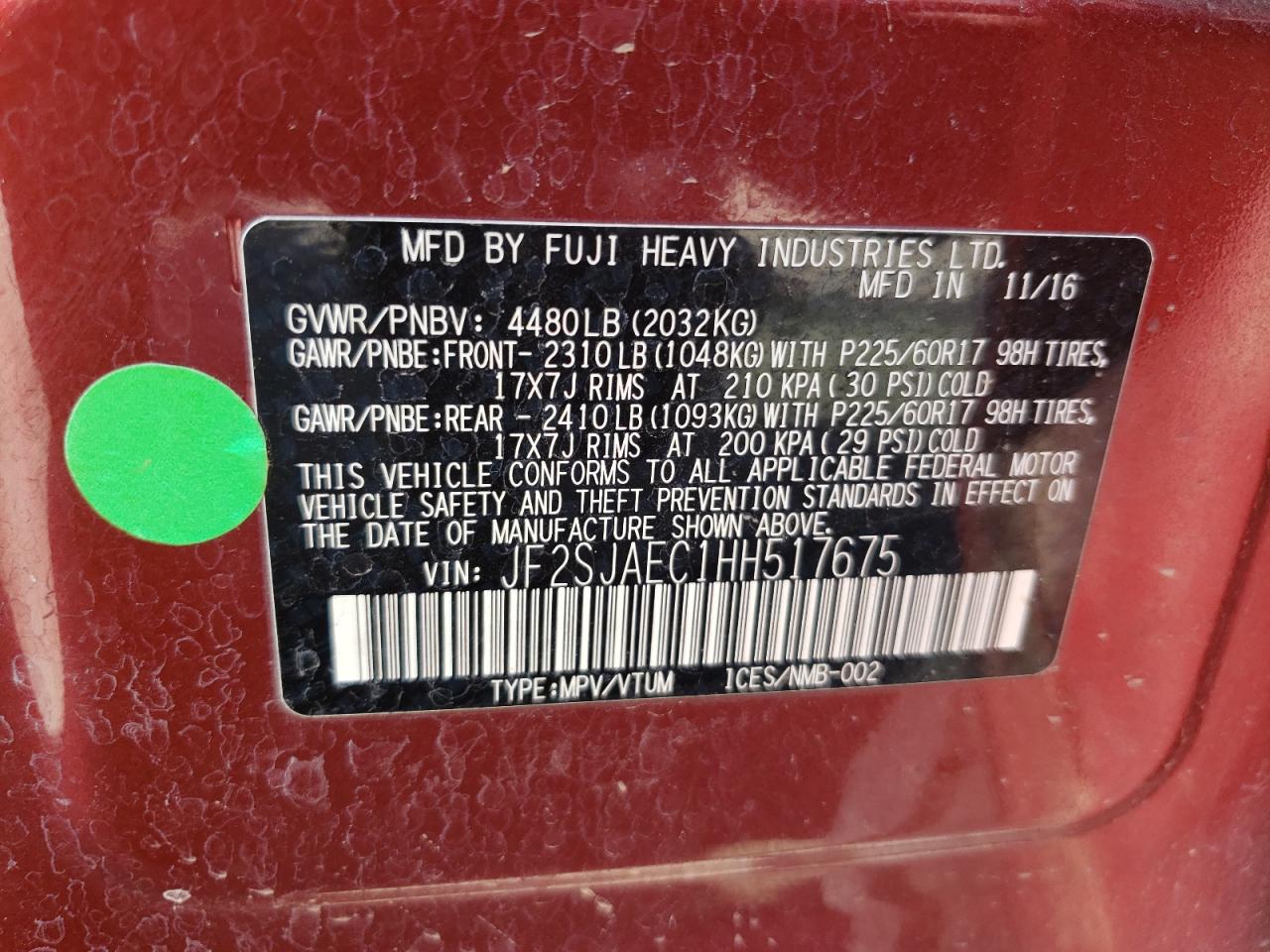 JF2SJAEC1HH517675 2017 Subaru Forester 2.5I Premium