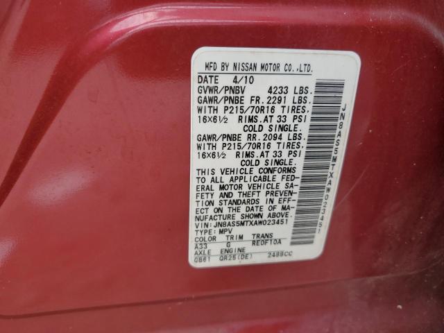 2010 Nissan Rogue S VIN: JN8AS5MTXAW023451 Lot: 62893194