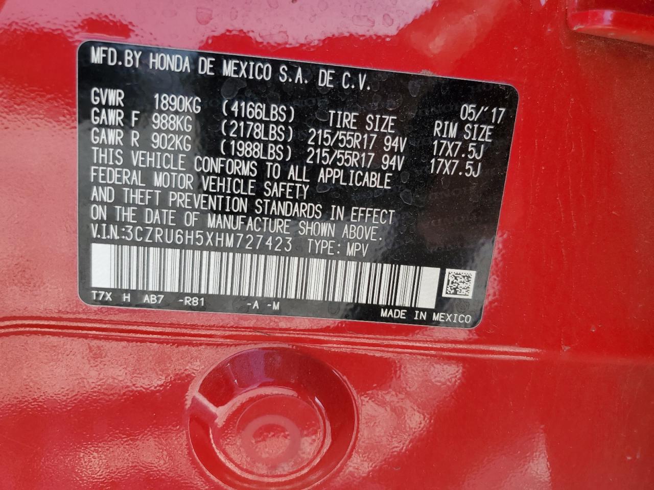 3CZRU6H5XHM727423 2017 Honda Hr-V Ex