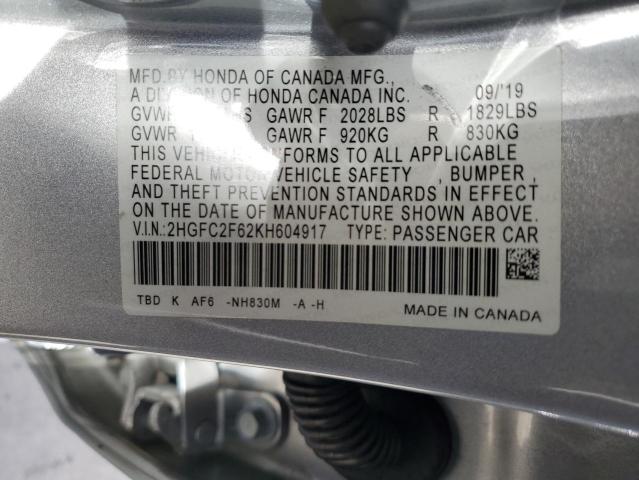 2019 Honda Civic Lx VIN: 2HGFC2F62KH604917 Lot: 60551234