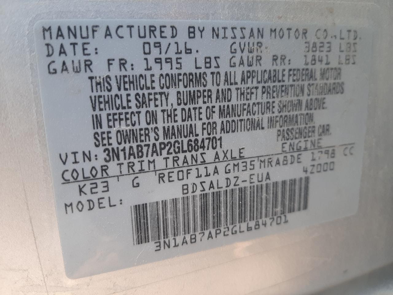 3N1AB7AP2GL684701 2016 Nissan Sentra S