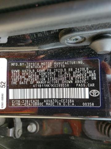 VIN 4T1B11HK1KU289558 2019 Toyota Camry, L no.12