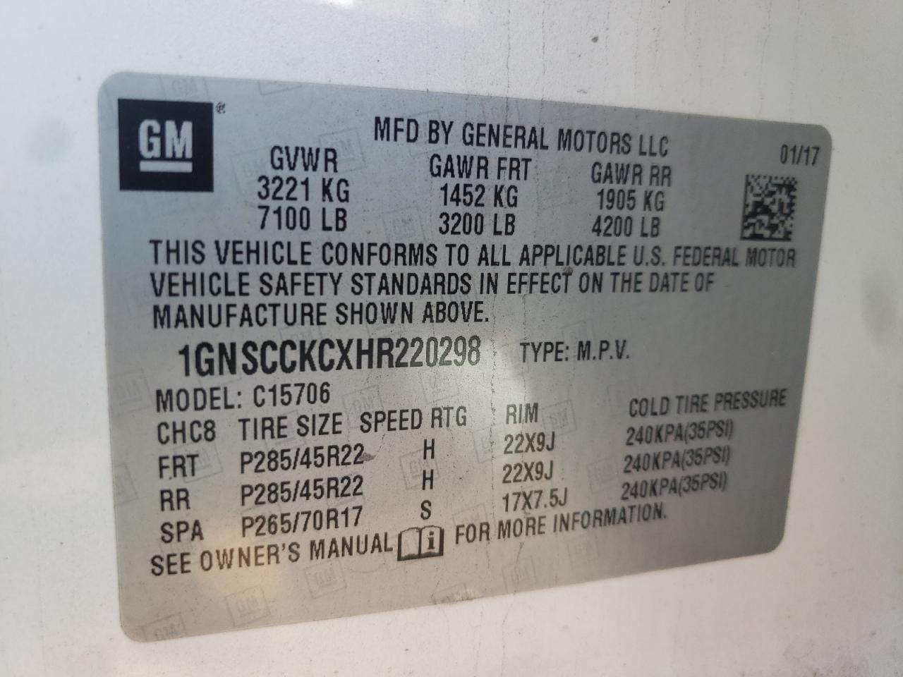 1GNSCCKCXHR220298 2017 Chevrolet Tahoe C1500 Premier