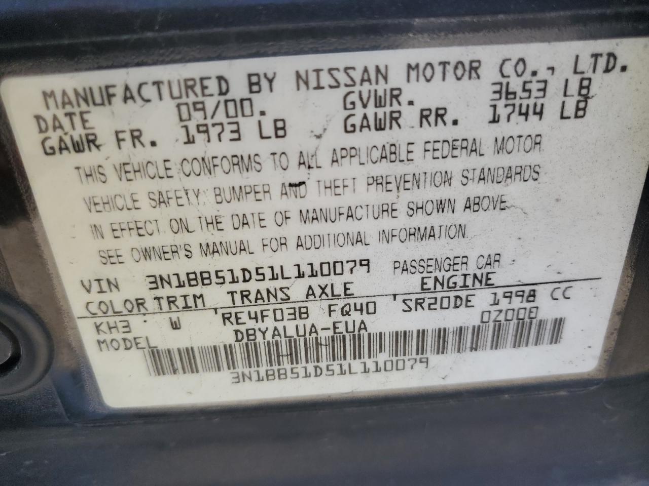 3N1BB51D51L110079 2001 Nissan Sentra Se