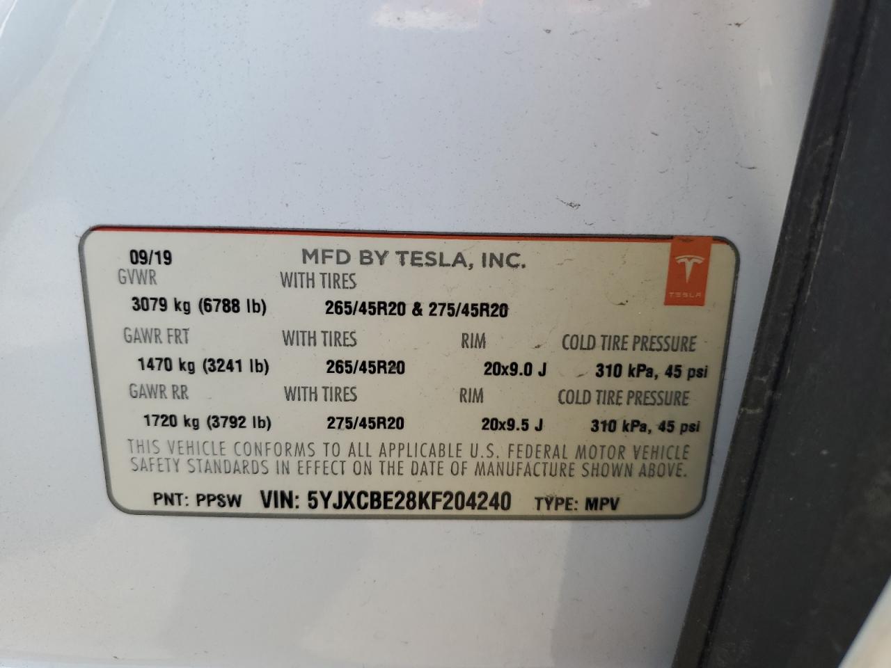 5YJXCBE28KF204240 2019 Tesla Model X