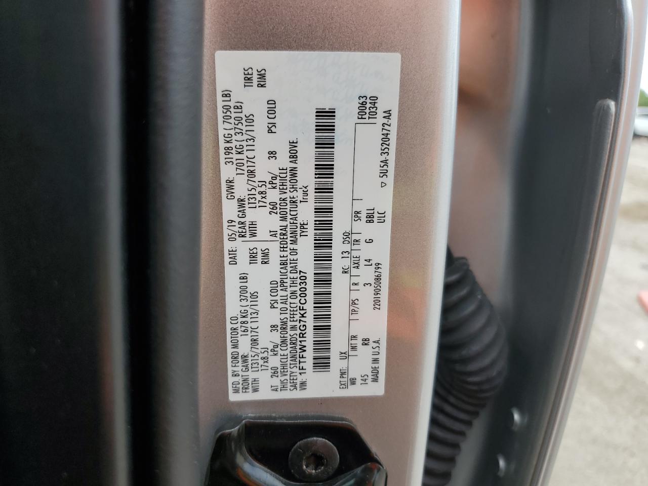 1FTFW1RG7KFC00307 2019 Ford F150 Raptor