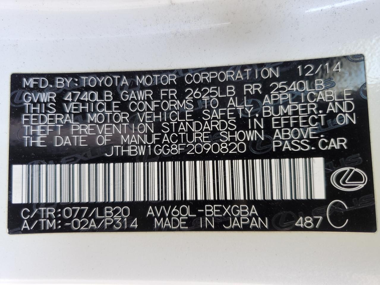 JTHBW1GG8F2090820 2015 Lexus Es 300H