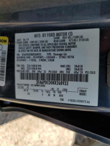 VIN 3FA6P0CD0KR268933 2019 Ford Fusion, Sel no.12