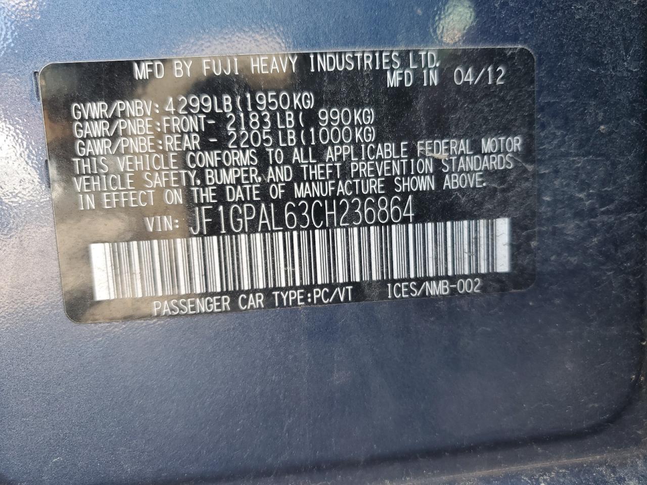 JF1GPAL63CH236864 2012 Subaru Impreza Sport Premium