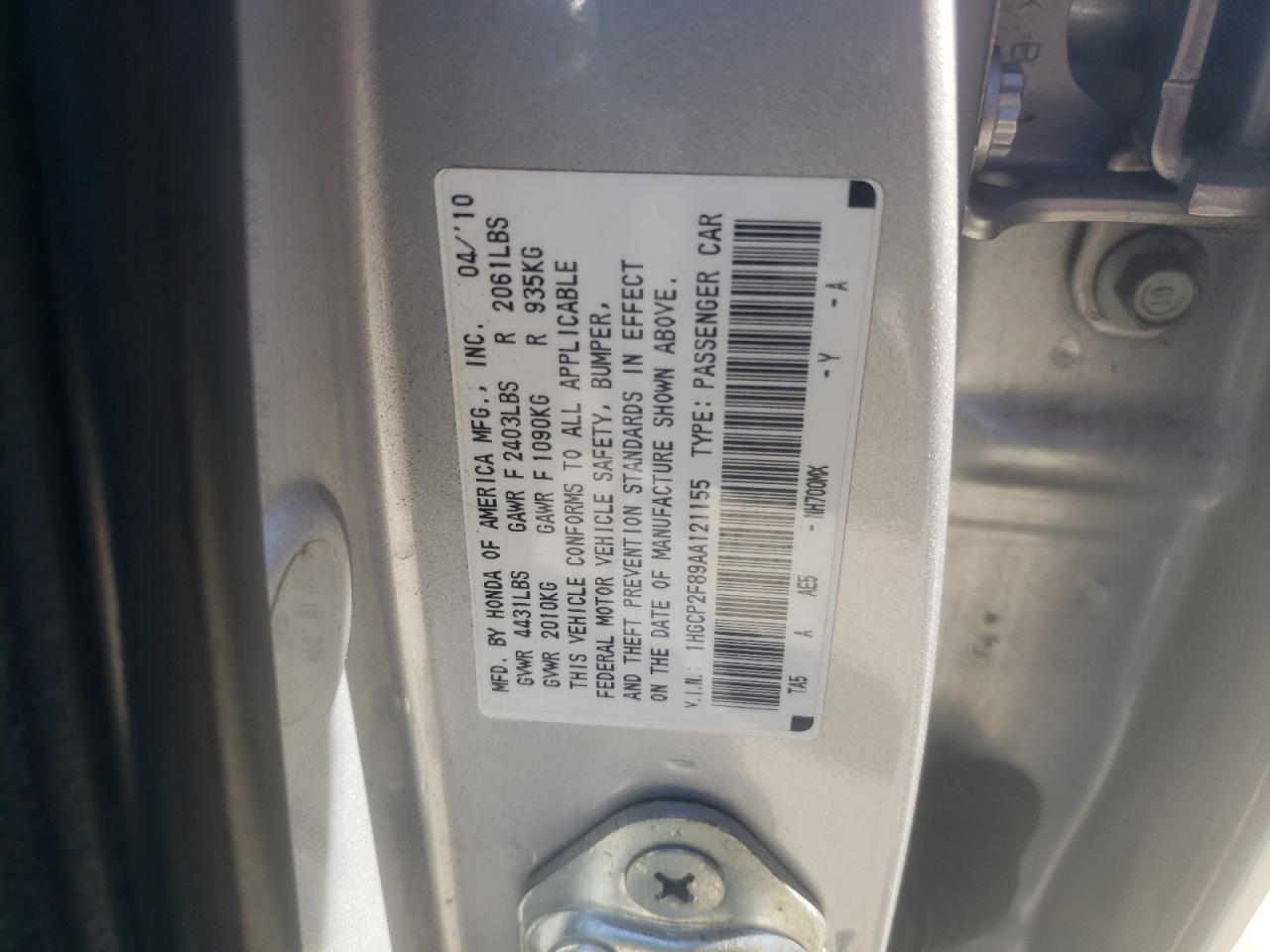 1HGCP2F89AA121155 2010 Honda Accord Exl