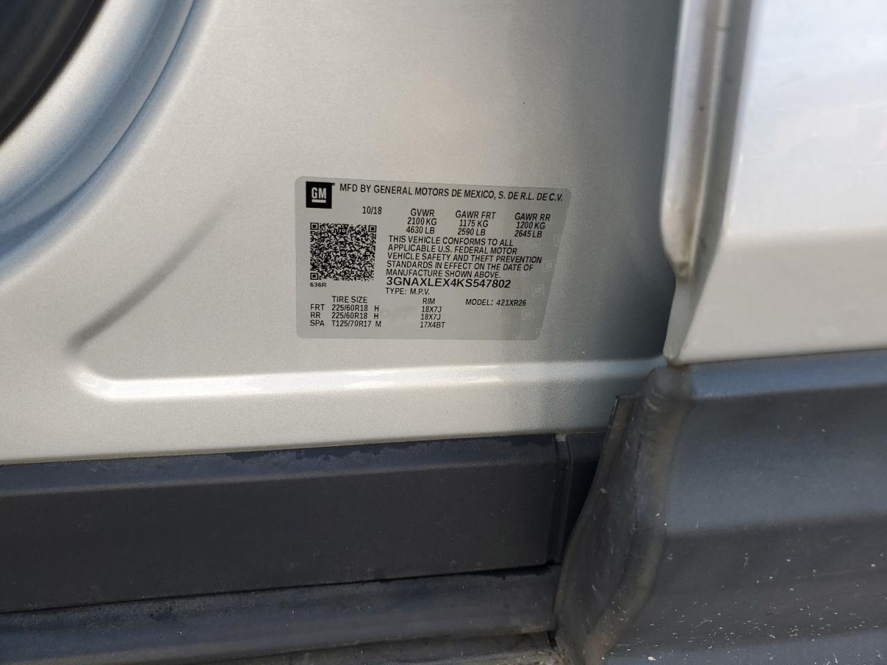 3GNAXLEX4KS547802 2019 Chevrolet Equinox Lt