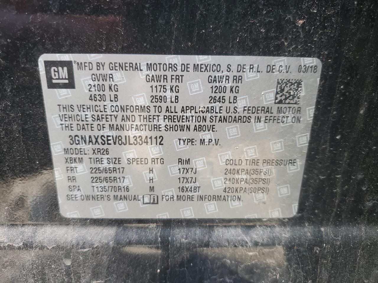 3GNAXSEV8JL334112 2018 Chevrolet Equinox Lt