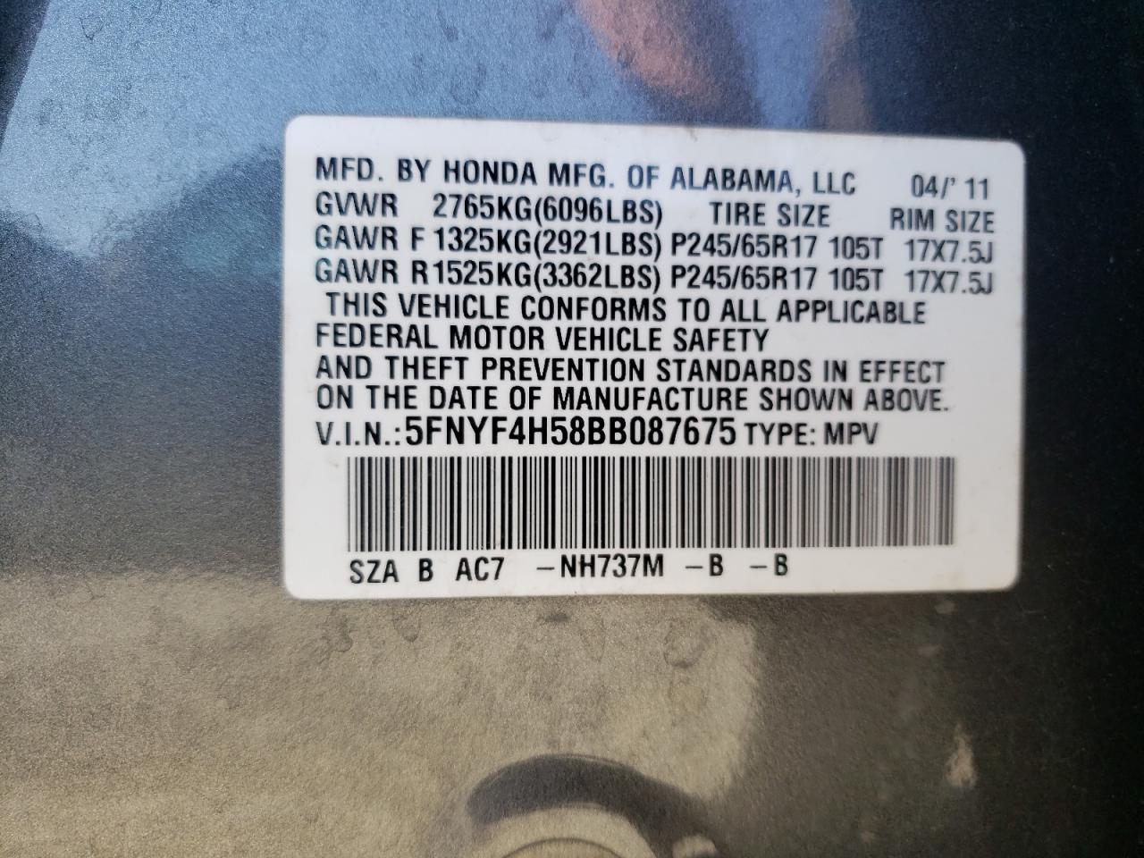 5FNYF4H58BB087675 2011 Honda Pilot Exl