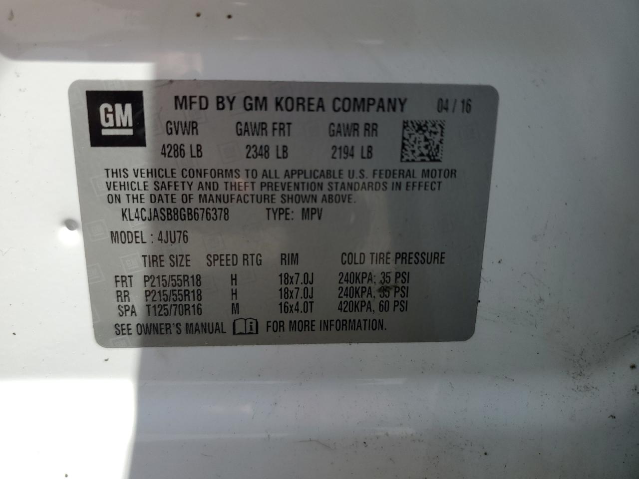 KL4CJASB8GB676378 2016 Buick Encore