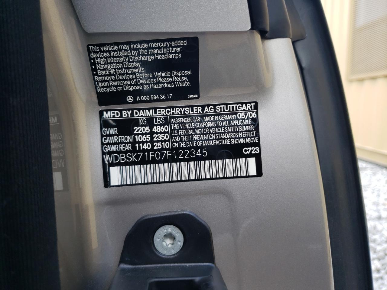 WDBSK71F07F122345 2007 Mercedes-Benz Sl 550