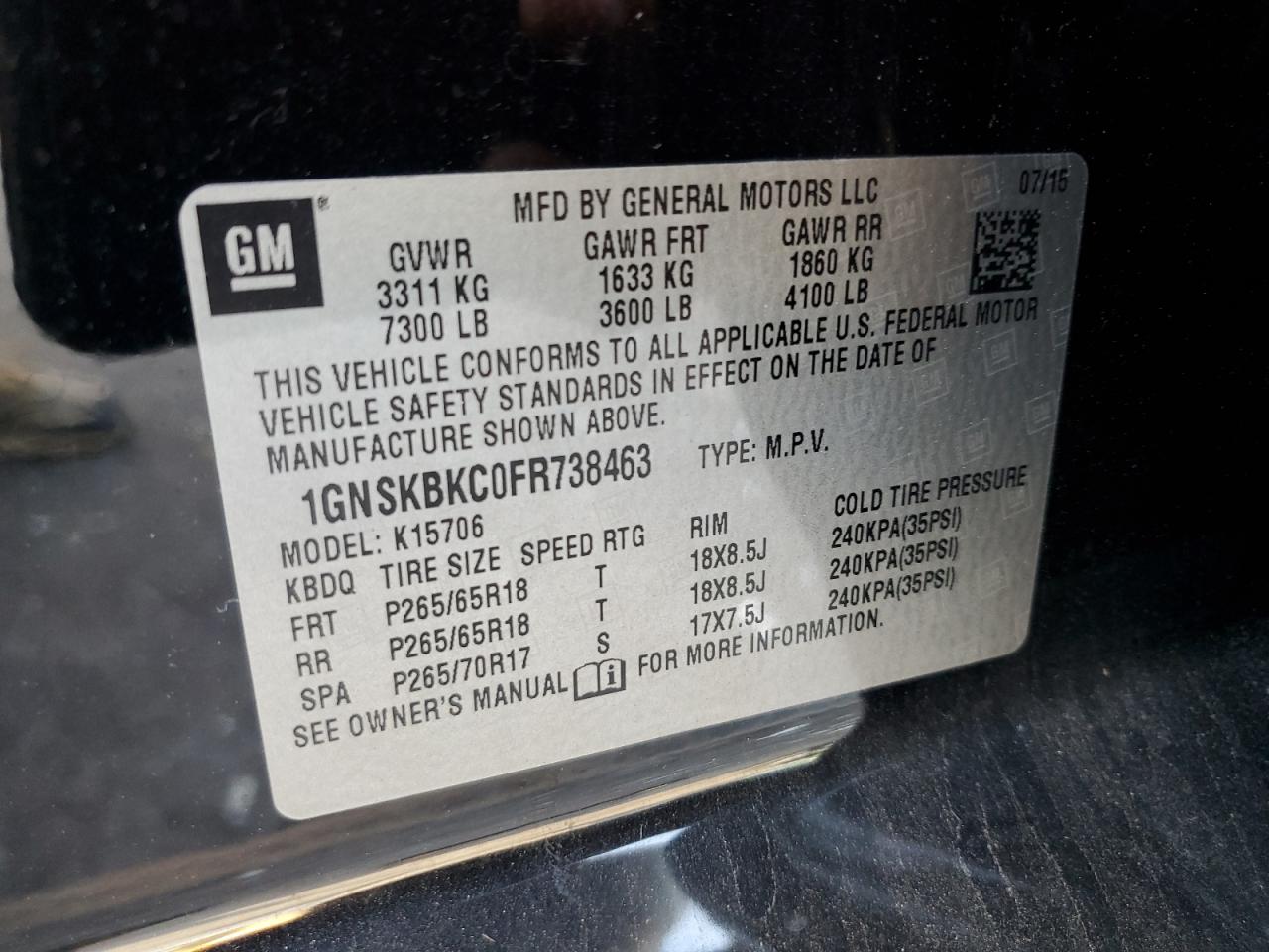 1GNSKBKC0FR738463 2015 Chevrolet Tahoe K1500 Lt