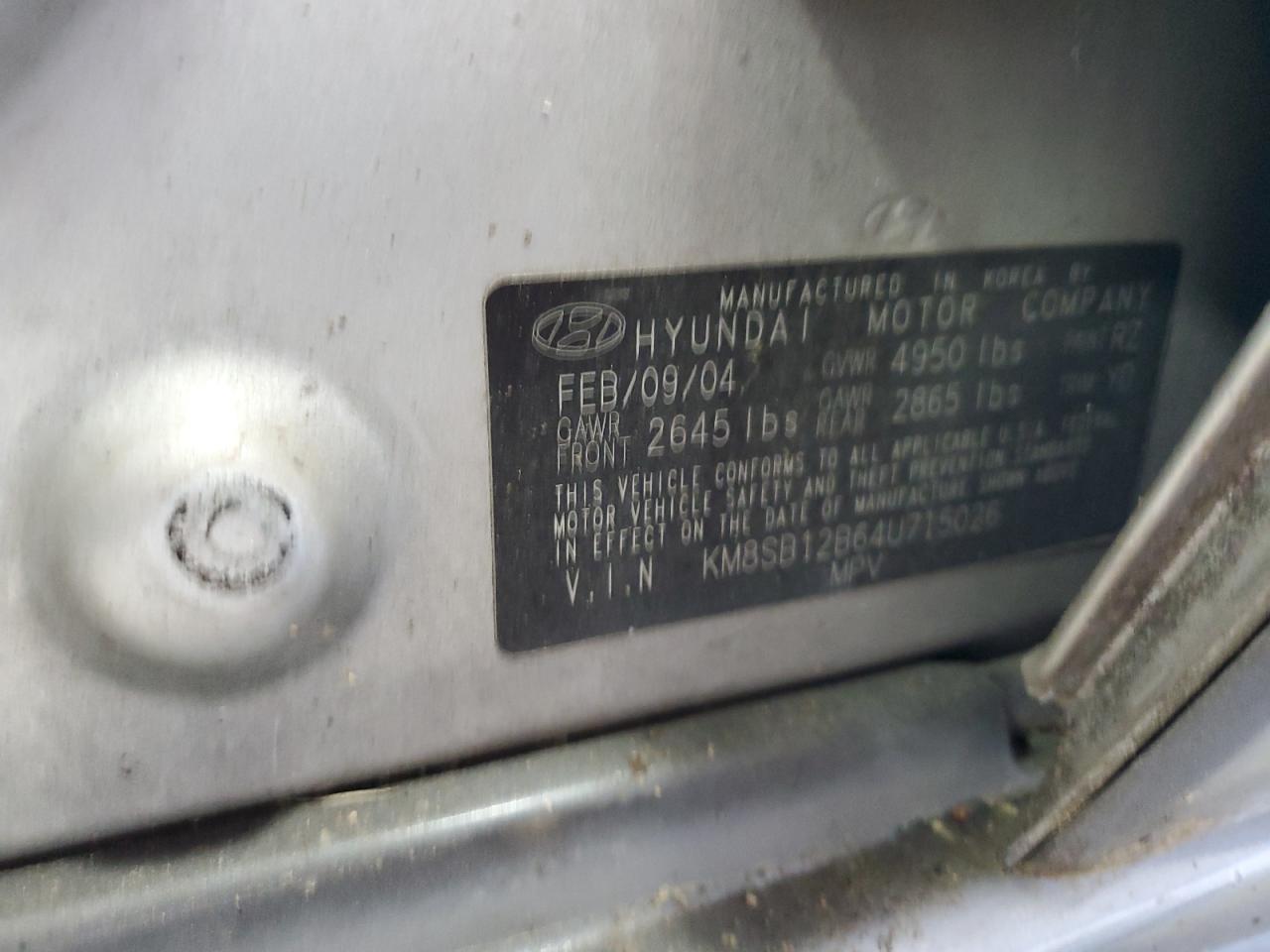 KM8SB12B64U715026 2004 Hyundai Santa Fe Gl