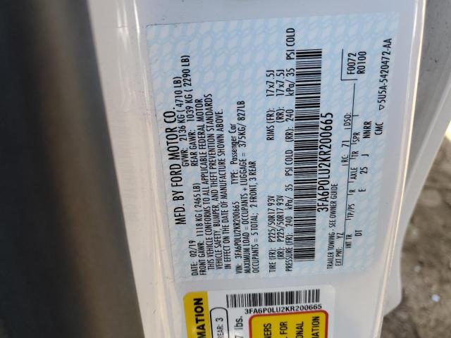 2019 Ford Fusion Se VIN: 3FA6P0LU2KR200665 Lot: 62718404