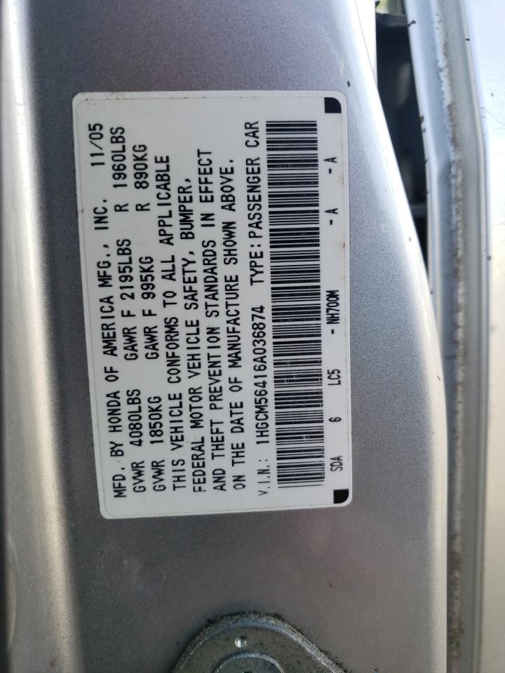 1HGCM56416A036874 2006 Honda Accord Lx
