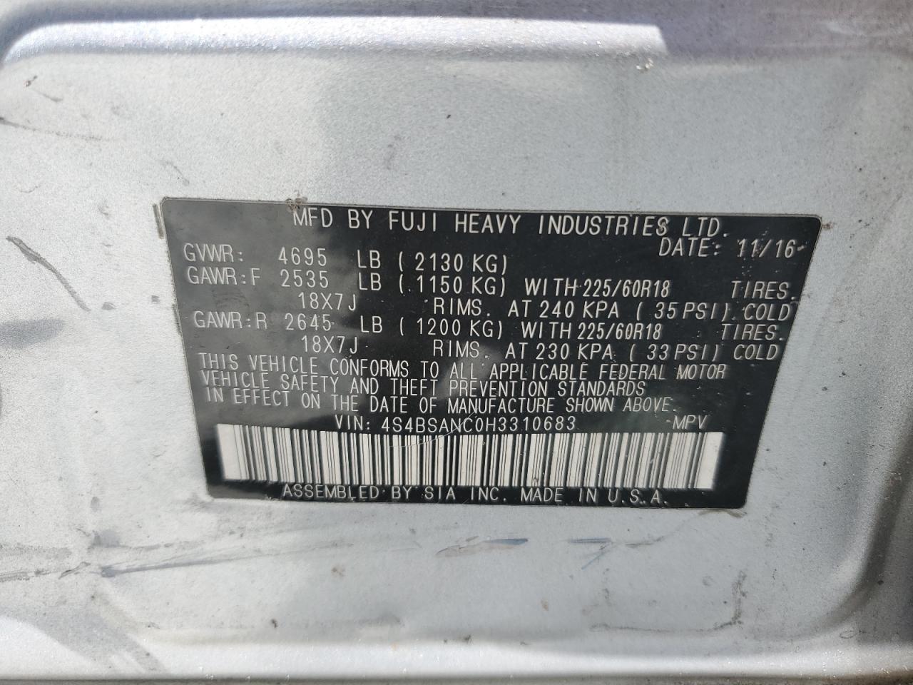 4S4BSANC0H3310683 2017 Subaru Outback 2.5I Limited