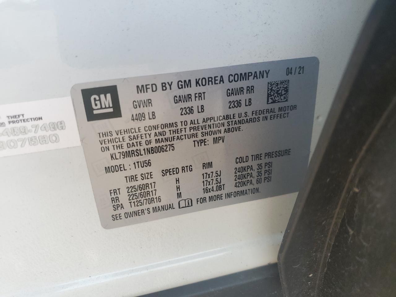 KL79MRSL1NB006275 2022 Chevrolet Trailblazer Lt