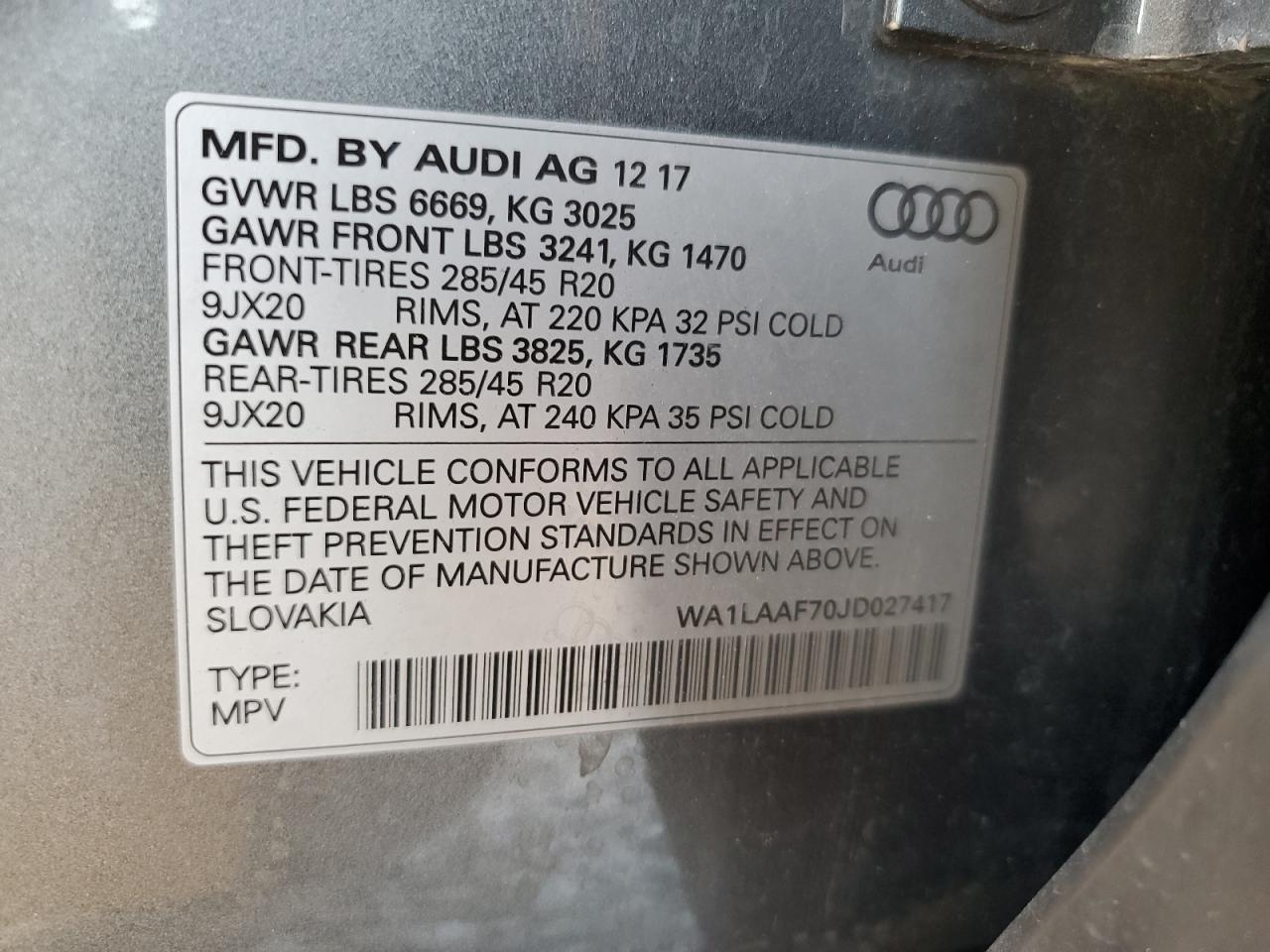 WA1LAAF70JD027417 2018 Audi Q7 Premium Plus