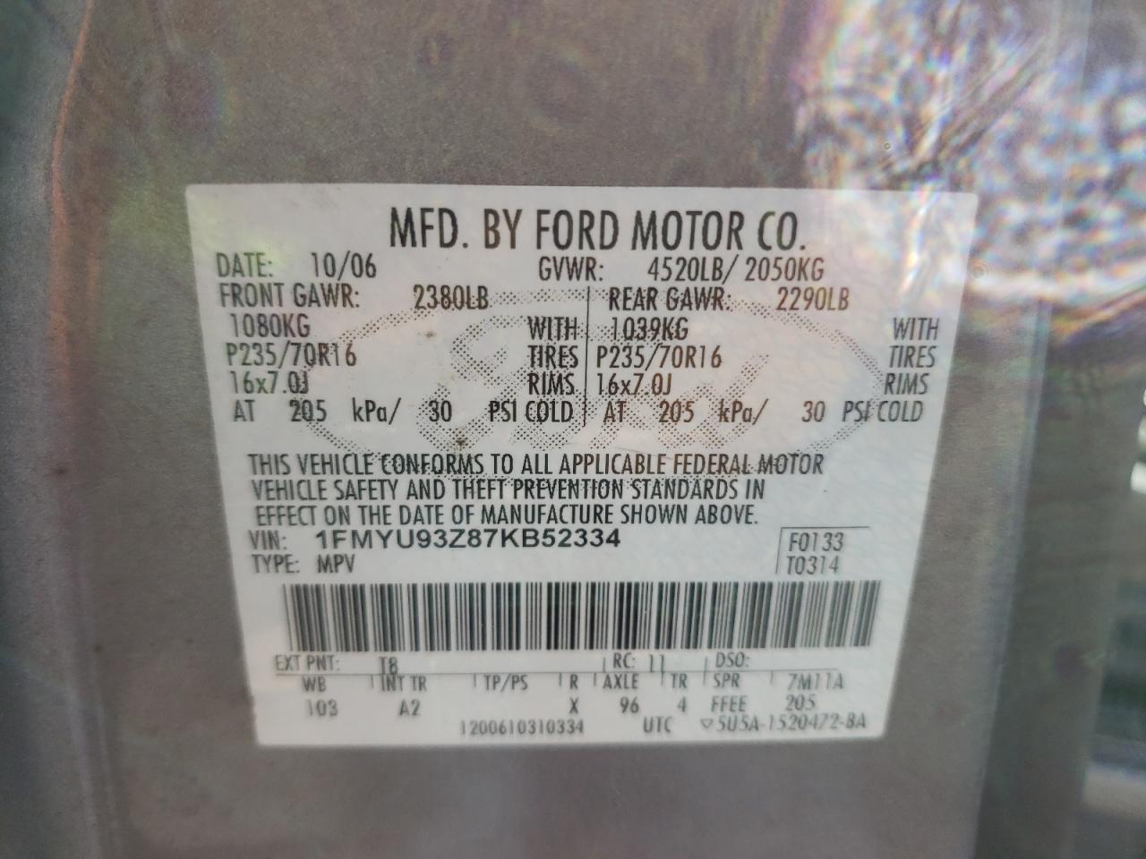 1FMYU93Z87KB52334 2007 Ford Escape Xlt