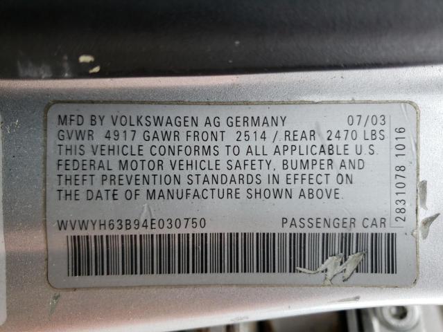 2004 Volkswagen Passat Glx 4Motion VIN: WVWYH63B94E030750 Lot: 61707594