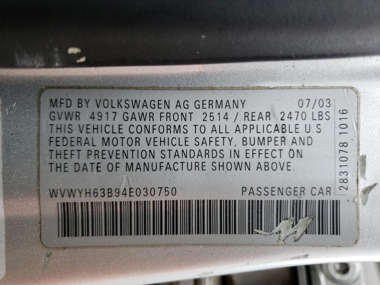 WVWYH63B94E030750 2004 Volkswagen Passat Glx 4Motion