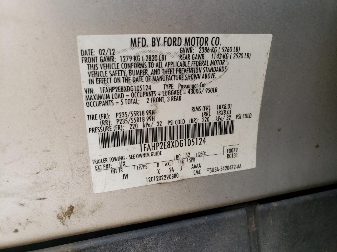 1FAHP2E8XDG105124 2013 Ford Taurus Sel